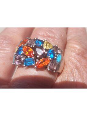 Vintage 925 Ring with cluster of CZ's cubic Zirconia orange, blue, yellow Size 7